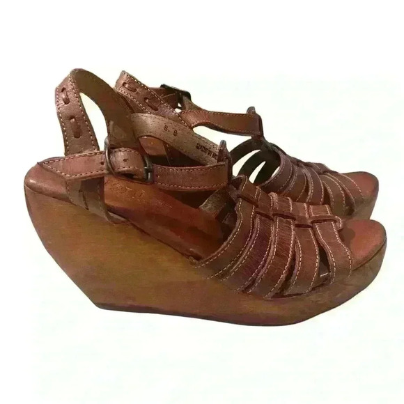 Bed Stu Woven Sling Back Brown Leather Wooden Wedge Sandals Women Sz 8 - Picture 2 of 7